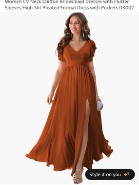 V-Neck Flutter Sleeve Formal Dress in Rust
